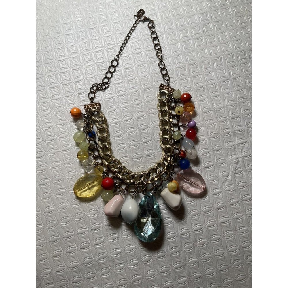 Da Vinci Charm Necklace chain Faceted Stones Beads Double Strand Gold Brass 18”